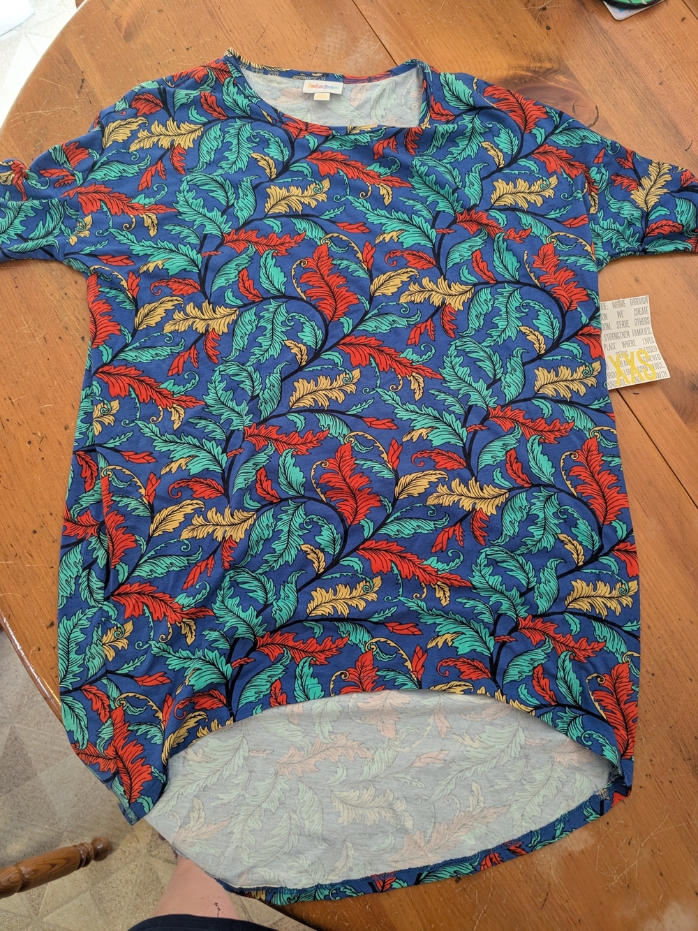 LuLaRoe Short Sleeve Tee in Blue with Red, Green & Gold Leaf Print